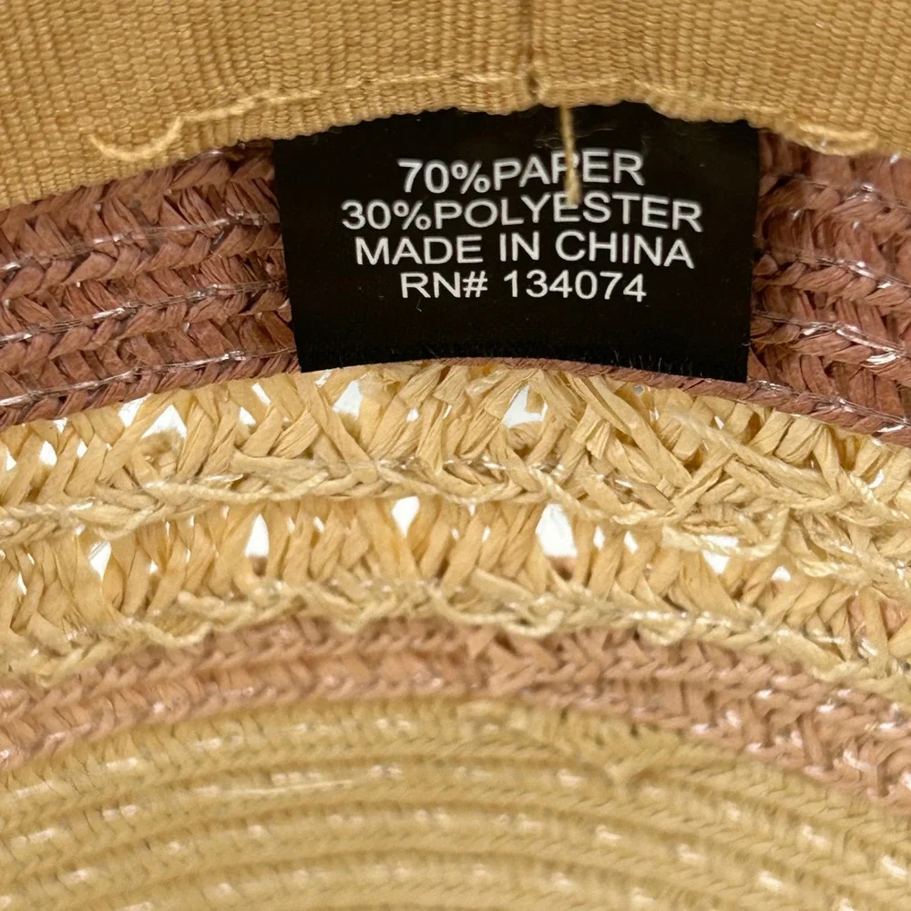Boho Women Straw Sun Hat Colorblock Pink Tan Woven Wide Brim Floppy Summer Beach
